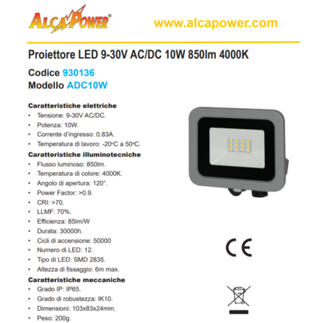 Faro led 10W AlcaPower 12/24V