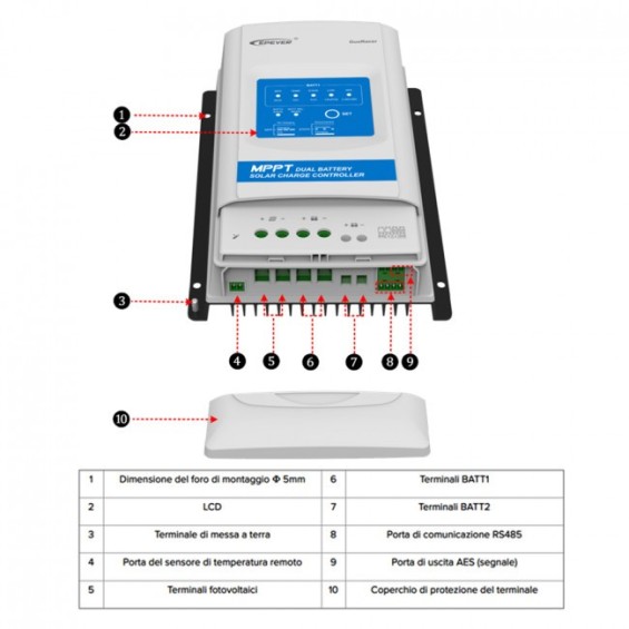 Regolatore di carica 20A 12/24V MPPT Dual Battery
