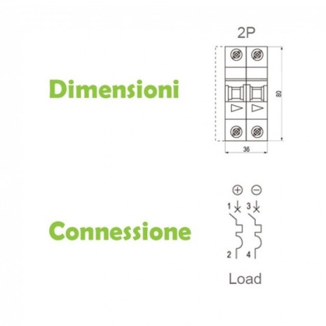 Interruttore bipolare automatico magnetotermico 20A per DC 800VDC