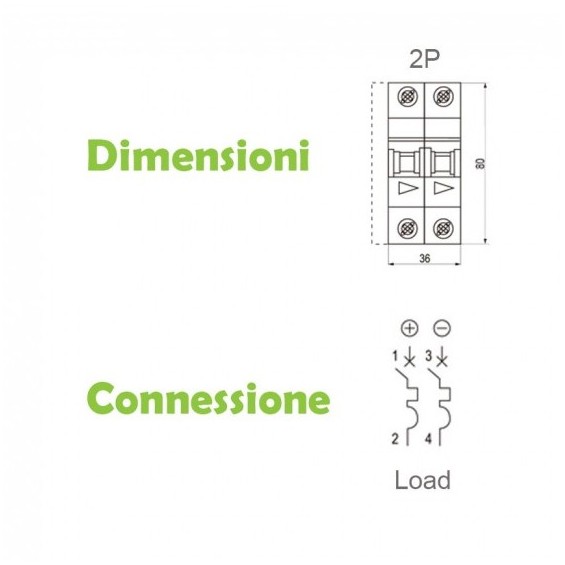 Interruttore bipolare automatico magnetotermico 20A per DC 800VDC