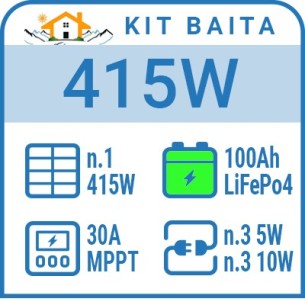 Kit solare a isola 415W, batteria Litio 200Ah, 6 luci