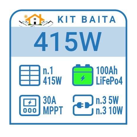 Kit solare a isola 415W, batteria Litio 200Ah, 6 luci