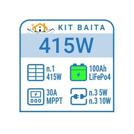 Kit solare a isola 415W, batteria Litio 200Ah, 6 luci