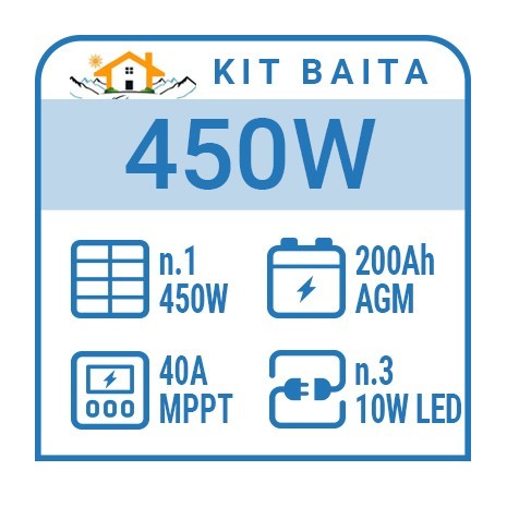 Kit solare baita 400W, batt. 200Ah, 3 luci