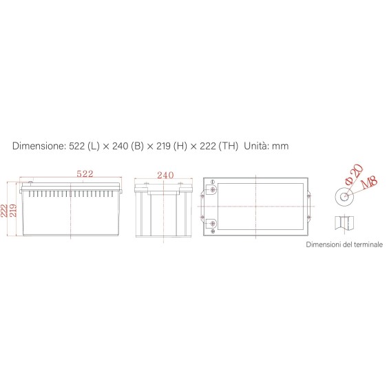 Dimensioni Batteria 200Ah 12V Ultimatron Piombo-Carbonio Deep Cycle